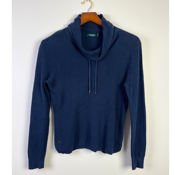 Lauren Ralph Lauren‎ Preppy Cowl Neck Pullover Knit Sweater Top Navy Blue XL - Picture 1 of 5